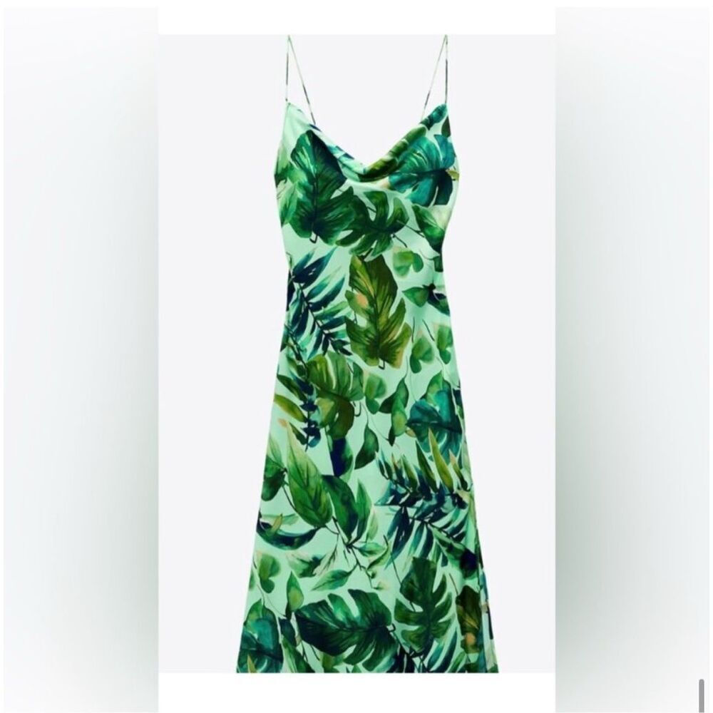 ZARA Silky Maxi Dress – Palm Leaf Tropical Print – Shades of Green & Aqua Blue - Picture 2 of 11